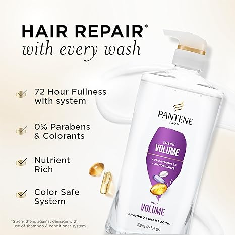Pantene Shampoo, Sheer Volume - 72-Hour Fullness, Lightweight Nourishment with Pro-Vitamin B5 + Antioxidants, Fine, Thin, Color-Treated Hair, Paraben Free, Remove Build Up for Body & Shine, 27.7 Fl Oz