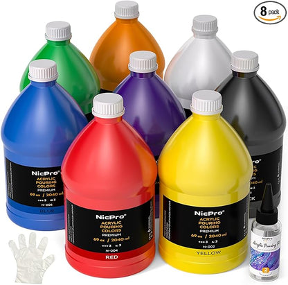 Nicpro 8 Colors Large Bulk Acrylic Pour Paint Set (69oz,2040ml) Premixed High Flow Art Pouring Paint Supplies Kit with Silicone Pour Oil, Gloves for Beginner Cell Creation Flow DIY, Ready to Pour