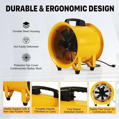 12 Inch Utility Blower Fan with 16 Ft Flexible Duct Hose, 2882 CFM High Velocity Industrial Ventilation Exhaust Fan, Portable Axial Ventilator with Ball Bearing Motor for Workshop, Basement, Job Site