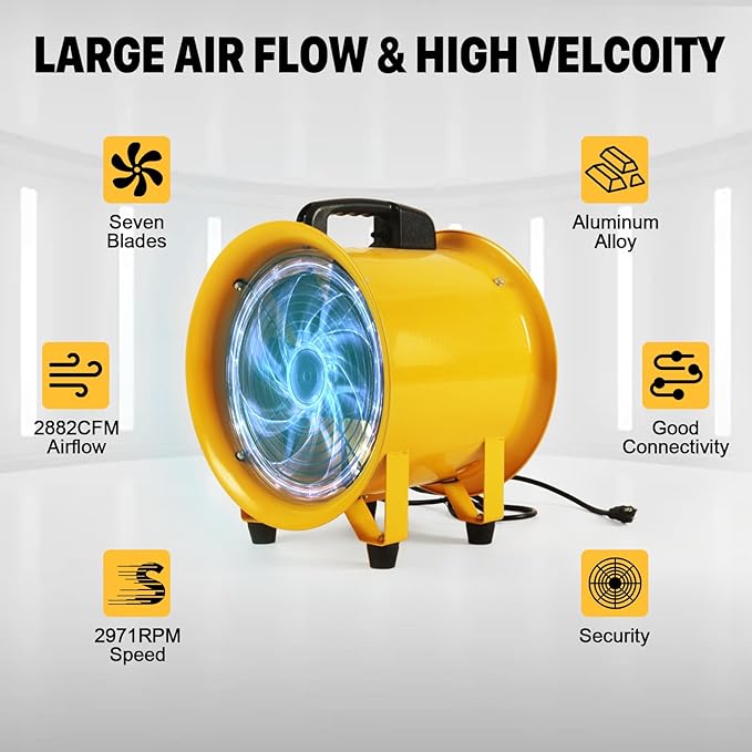 12 Inch Utility Blower Fan with 16 Ft Flexible Duct Hose, 2882 CFM High Velocity Industrial Ventilation Exhaust Fan, Portable Axial Ventilator with Ball Bearing Motor for Workshop, Basement, Job Site