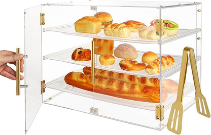 3-Tier Acrylic Pastry Display Case for Commercial Countertop, 360° View Bakery Cabinet with Gold Handle & Removable Trays, Clear Bread Storage Box for Donuts, Cookies & Cakes, 21" x 16" x 14"