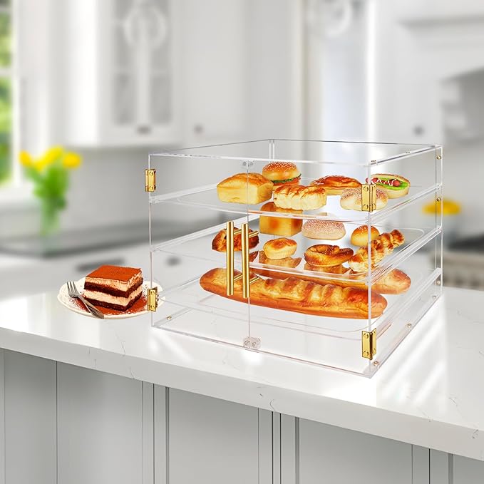 3-Tier Acrylic Pastry Display Case for Commercial Countertop, 360° View Bakery Cabinet with Gold Handle & Removable Trays, Clear Bread Storage Box for Donuts, Cookies & Cakes, 21" x 16" x 14"