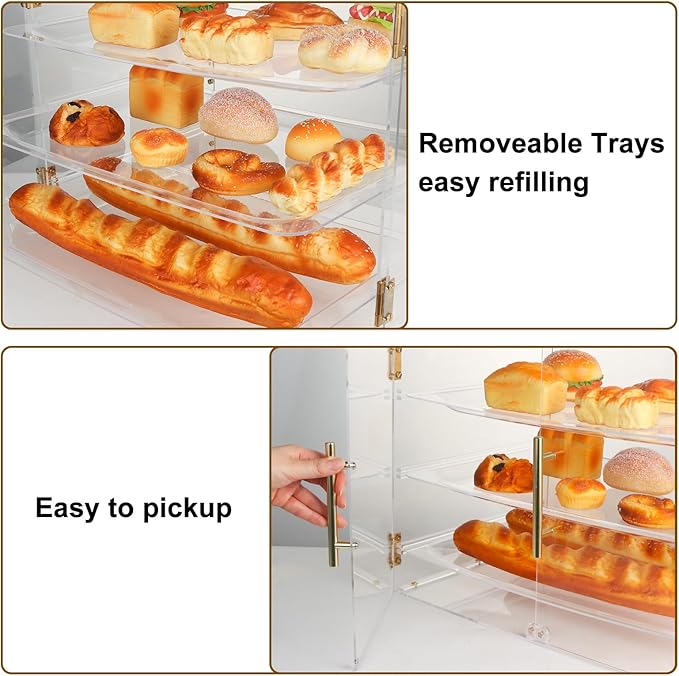 3-Tier Acrylic Pastry Display Case for Commercial Countertop, 360° View Bakery Cabinet with Gold Handle & Removable Trays, Clear Bread Storage Box for Donuts, Cookies & Cakes, 21" x 16" x 14"