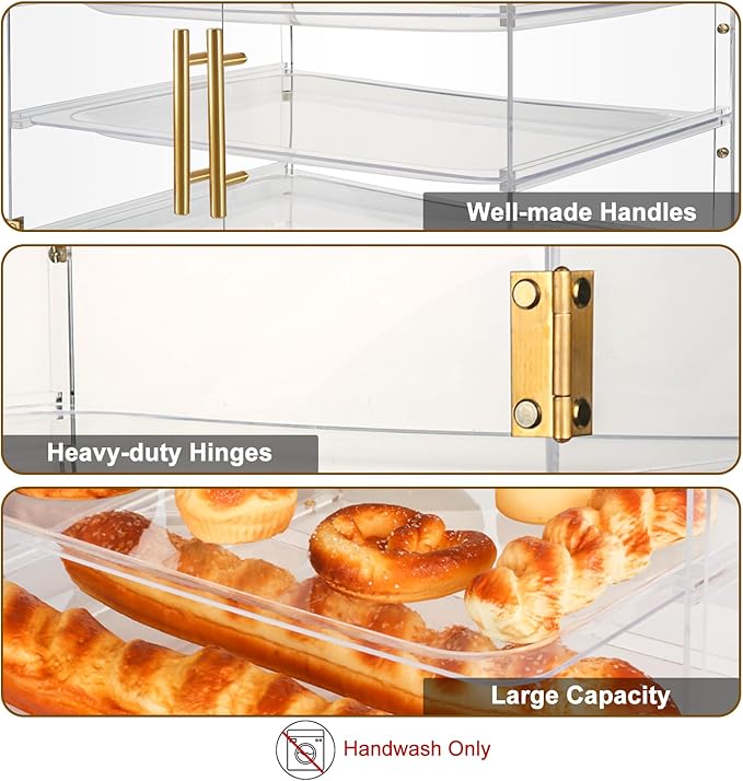 3-Tier Acrylic Pastry Display Case for Commercial Countertop, 360° View Bakery Cabinet with Gold Handle & Removable Trays, Clear Bread Storage Box for Donuts, Cookies & Cakes, 21" x 16" x 14"