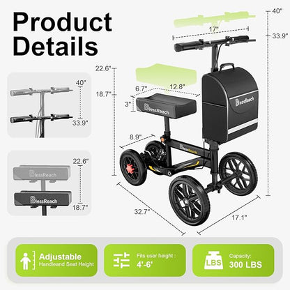 Deluxe Medical Scooter Double Handbrake, All Terrain Steerable Knee Scooter Crutch Alternative, for Adults Injured Ankle & Foot Recovery in Blacks