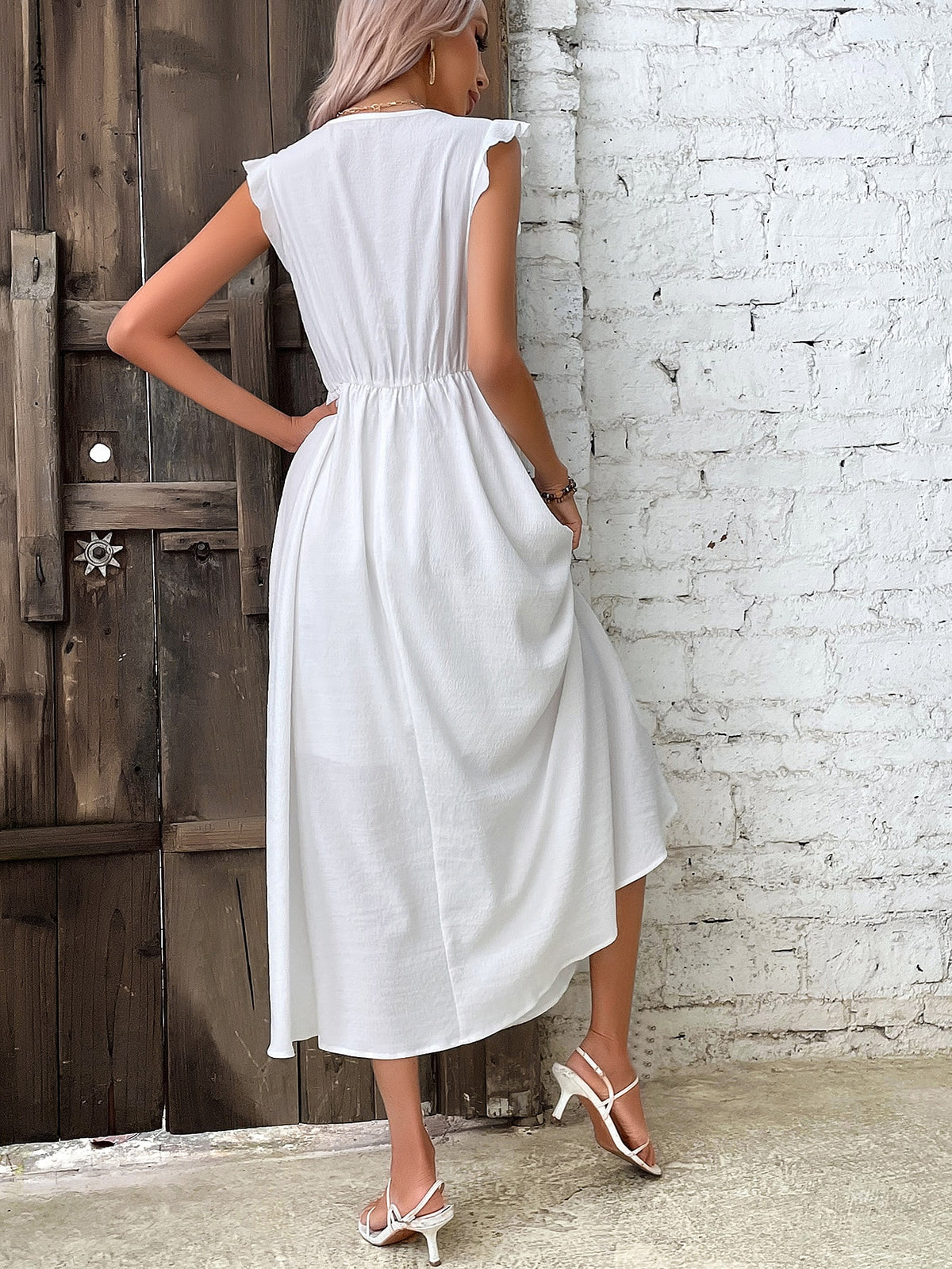 Shein Breezaya Guipure Lace Panel Ruffle Trim Dress Maxi Vacation Beach Outfits Women