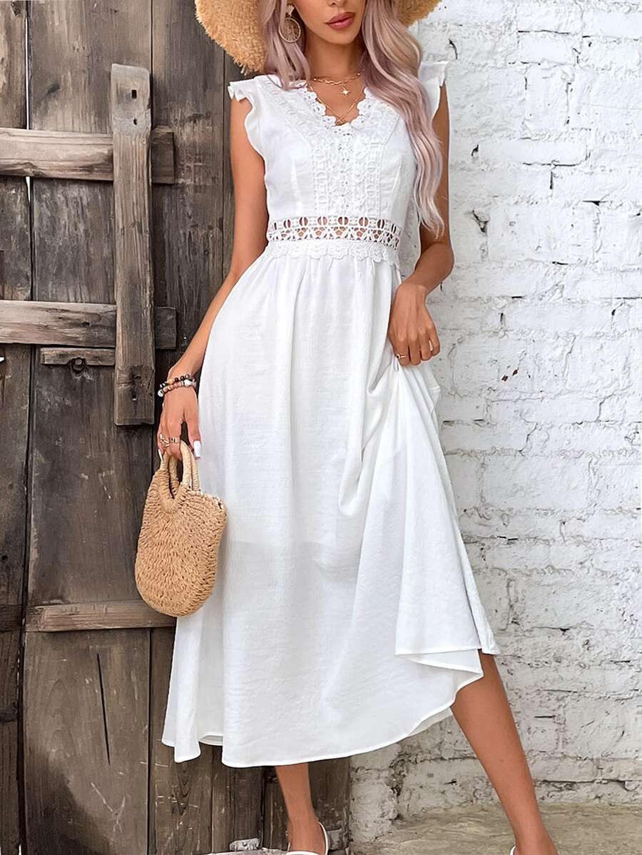 Shein Breezaya Guipure Lace Panel Ruffle Trim Dress Maxi Vacation Beach Outfits Women