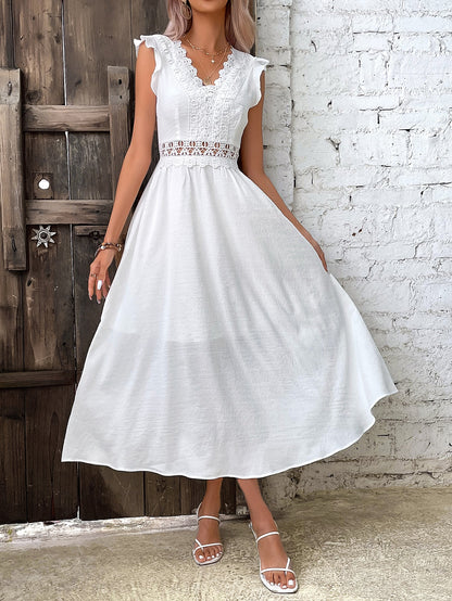 Shein Breezaya Guipure Lace Panel Ruffle Trim Dress Maxi Vacation Beach Outfits Women