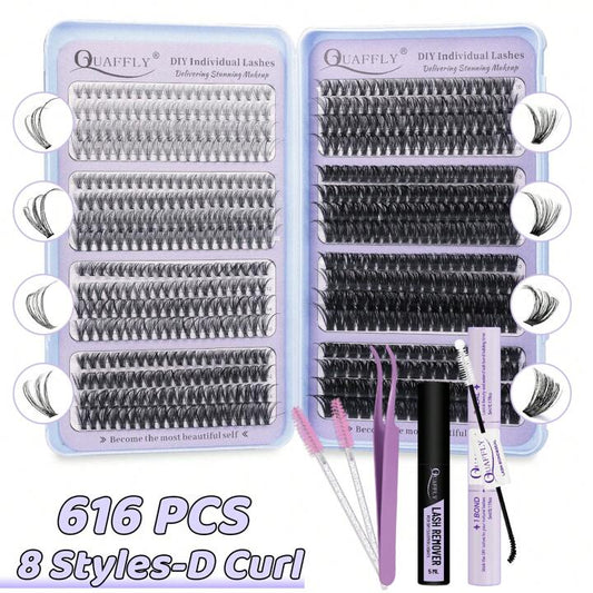 QUAFFLY Lash Extension Kit - Reusable Cluster Lashes Extension Kit With 616 PCS Wispy Lash Clusters,8 Style Lash Clusters DIY At Home