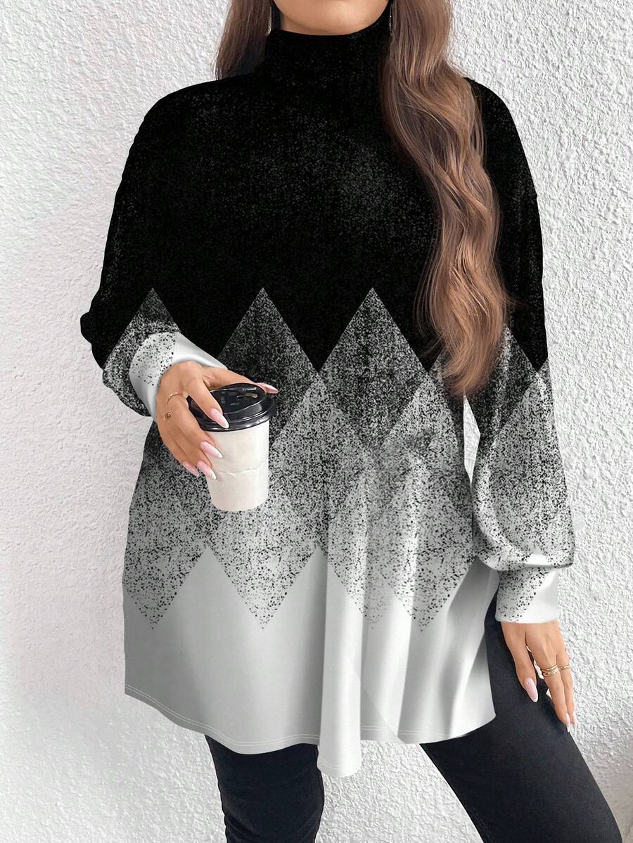 Emery Rose Casual Minimalist All Over Print Plus Size High Neck