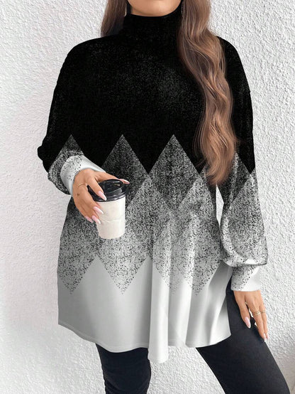 Emery Rose Casual Minimalist All Over Print Plus Size High Neck