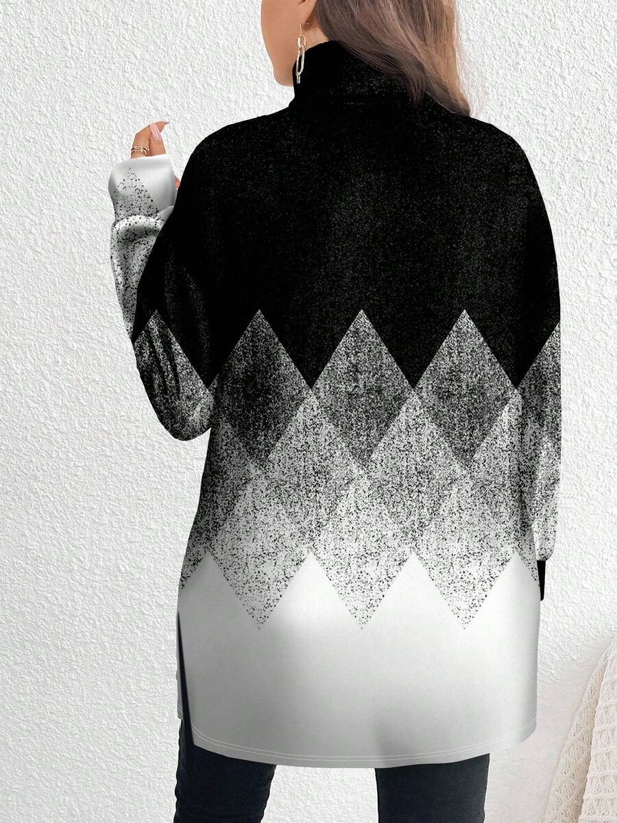Emery Rose Casual Minimalist All Over Print Plus Size High Neck