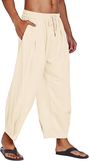 COOFANDY Men's Cotton Linen Harem Pants Drawstring Casual Cropped Trousers Lightweight Loose Beach Yoga Pants with Pockets