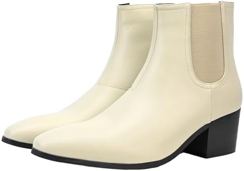 Size 45-Eu QEOSNBX Men'S Classic Leather Chunky Heel Chelsea Boots With Side Zipper Fashion Pointed Toe Elastic Band High Top Block High Heel Formal Chukka Booties For Casual Business Party Wedding
