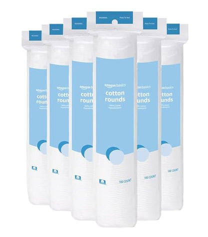 Basics Hypoallergenic 100% Cotton Rounds for Makeup Remover and Skincare, All Skin Types, 600 Count, 6 Packs of 100 Count