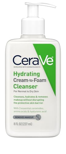 CeraVe Hydrating Cream To Foam Cleanser, Makeup Remover Face Wash For Dry Skin, Foaming Facial Cleanser With Hyaluronic Acid, Normal To Dry Skin, Fragrance Free & Non Comedogenic, 8 Fluid Ounces