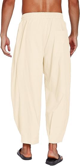 COOFANDY Men's Cotton Linen Harem Pants Drawstring Casual Cropped Trousers Lightweight Loose Beach Yoga Pants with Pockets