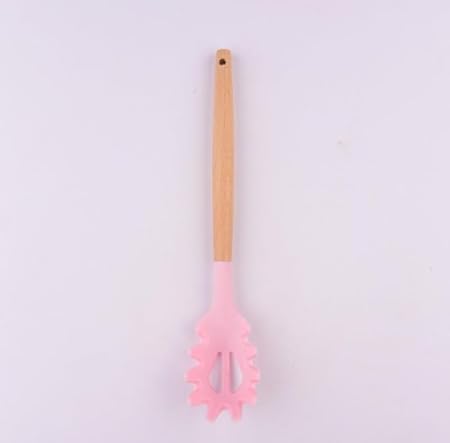 Wooden Handle Pasta Fork Spoon 12.4" Silicone Spaghetti Fork Food Grade Noodle Spoon, BPA Free, Spaghetti Spoons Strainer  Server Spoonss (Pink)