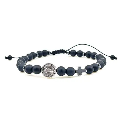 Black Onyx Beads and Adjustable St. Benedict Cross Bracelet for Men