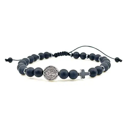 Black Onyx Beads and Adjustable St. Benedict Cross Bracelet for Men