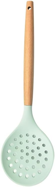 Non-Stick Silicone Kitchen Utensils,Cooking Strainer Wooden Handle Colander Spoon Skimmer Strainer BPA Free for Baking & Serving light cyan 12.68" x 3.78"