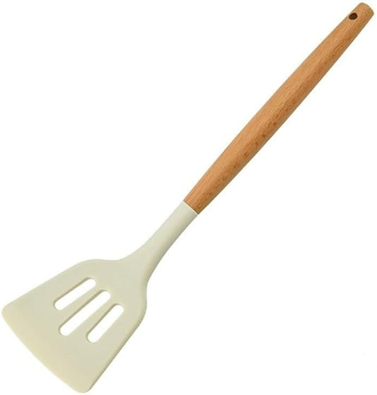 Chinese style wooden handle silicone spatula cooking pot spatula non stick pot household kitchen good item set white silicone kitchen utensils pot spoon (Leaky shovel)
