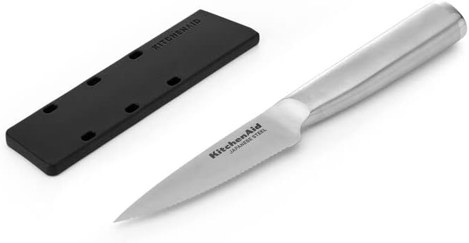 KitchenAid Gourmet Forged Stainless Steel Paring Knife with Custom-Fit Blade Cover, 3.5-inch, Sharp Kitchen Knife, High-Carbon Japanese Stainless Steel Blade, Brushed Stainless Steel Handle