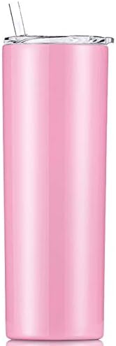Double Wall 188 Stainless Steel Vacuum slim skinny tumbler with straw and lid, insulated travel mug keeping beverage cold and warm (pink, 20oz)