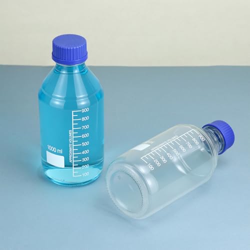 QWORK 1000ml Glass Storage Bottles, 6 Pack Leakproof Round Media Bottles with GL45 Blue Screw Caps & Graduation Lines