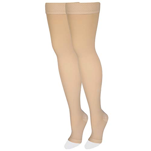 Basic Care Medical Compression Stockings for Circulation, Varicose Veins, Edema, Swelling, 20-30 mmHg Support, Women & Men Thigh Length Hose, Open Toe, Beige, Small