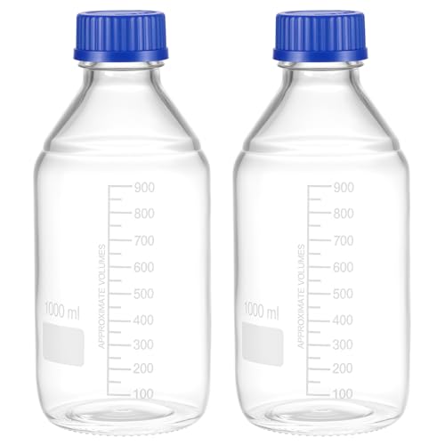 QWORK 1000ml Glass Storage Bottles, 6 Pack Leakproof Round Media Bottles with GL45 Blue Screw Caps & Graduation Lines