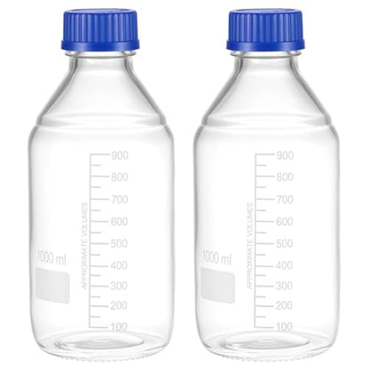 QWORK 1000ml Glass Storage Bottles, 6 Pack Leakproof Round Media Bottles with GL45 Blue Screw Caps & Graduation Lines