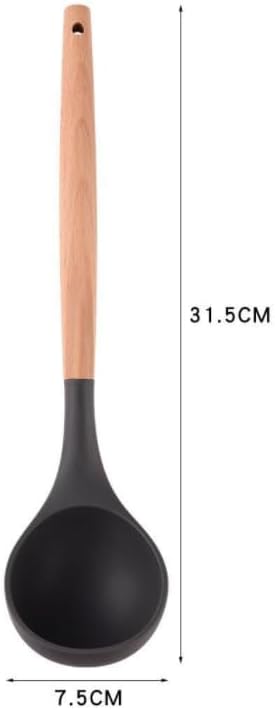 Silicone Soup Ladle - with Wooden Handle, Non-Stick Cookware Heat Resistant Kitchen Utensil (Dark green)