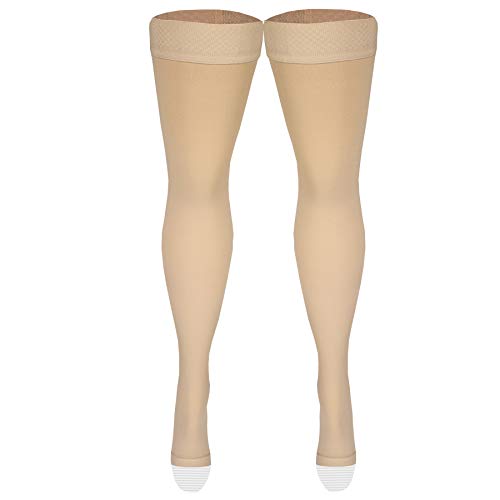 Basic Care Medical Compression Stockings for Circulation, Varicose Veins, Edema, Swelling, 20-30 mmHg Support, Women & Men Thigh Length Hose, Open Toe, Beige, Small