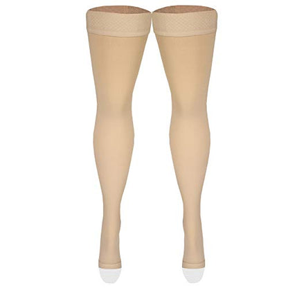 Basic Care Medical Compression Stockings for Circulation, Varicose Veins, Edema, Swelling, 20-30 mmHg Support, Women & Men Thigh Length Hose, Open Toe, Beige, Small