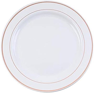 20 pcs 10-Inch White with Rose Gold Trim Plastic Round Plates - Disposable Wedding Party Reception Catering Tableware