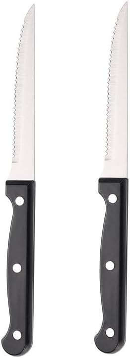 2 Pack Serrated Steak Knives, Stainless Steel Dinner Knives with Black Handles, Table Knife Set for Steak, Bread, Fruit, Pizza, Kitchen Dining, Silver