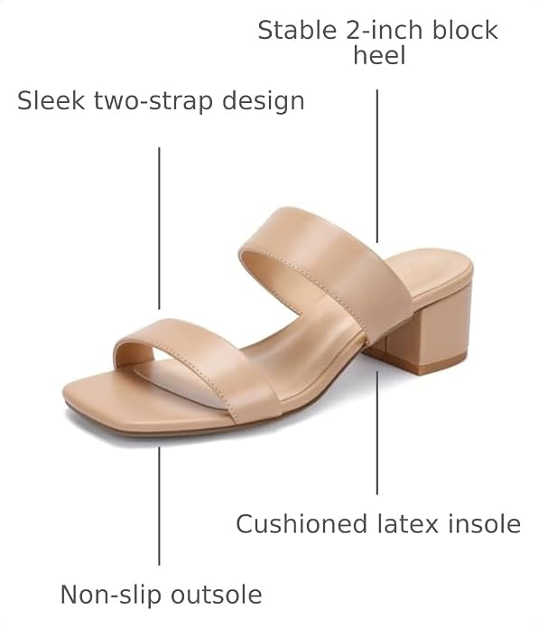 Women's Heeled Sandals Two Strap Square Open Toe Heels 2-Inch Chunky Sandals Dress Shoes Wide Feet Friendly