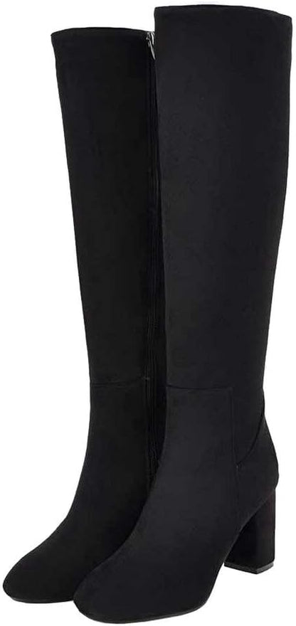 Caradise Womens Leather Chunky Heel Knee High Heeled Boots Zip Up Riding Boots.