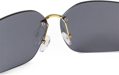 Rectangle Curved Rimless Sunglasses Women Men Metal Rivets Gradient Gray Lens Shades Sun Glasses UV400