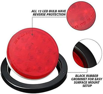 MACHSWON 2X 4'' Round 12-LED Truck Trailer Brake Stop Turn Marker Tail Light Submersible Waterproof Style 12LED Red Color Car Third Rear Tail Brake Stop Light New 1pcs Truck Tail Lights