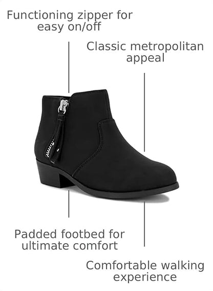LONDON FOG Girls Black Alley Ankle Boot, Water Resistant, 1 inch Heel, Functioning Zipper