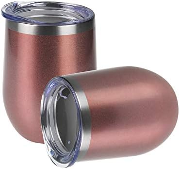 Wine Tumbler - 12 oz Stainless Steel Tumbler with Lid,Stemless Double Wall Vacuum Insulated Travel Cup for Wine,Coffee,Cocktails(Rose Gold,2 Pack)