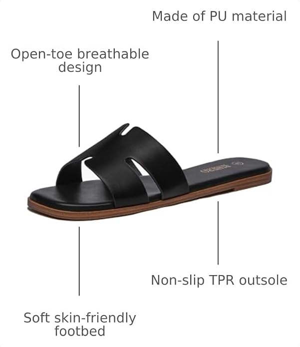Rihero Flat Sandals Women Dressy Comfortable Slip On Leather Slide Sandals | PU / Raffia Clear Knit Upper, Square Toe, Cushioned Footbed, Casual Slides, Vacation, Travel, Work, Everyday Summer Sandals