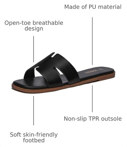 Rihero Flat Sandals Women Dressy Comfortable Slip On Leather Slide Sandals | PU / Raffia Clear Knit Upper, Square Toe, Cushioned Footbed, Casual Slides, Vacation, Travel, Work, Everyday Summer Sandals