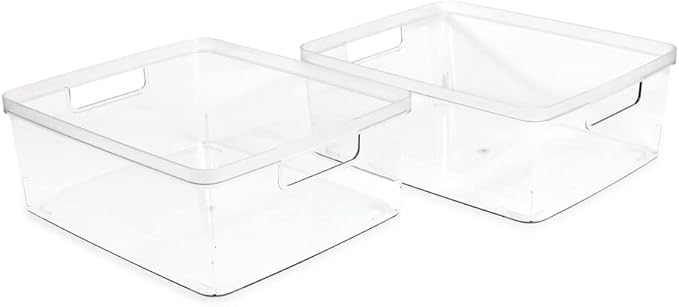 Isaac Jacobs 2-Pack Large Clear Storage Bins (11.5 L x 14 W x 5.5 H) wCutout Handles, Plastic Organizer for Home, Office, Kitchen, FridgeFreezer, Bathroom, BPA Free, Food Safe (Large)