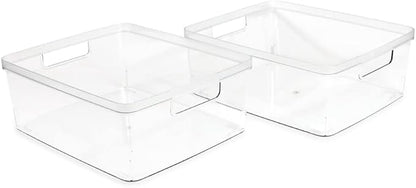 Isaac Jacobs 2-Pack Large Clear Storage Bins (11.5 L x 14 W x 5.5 H) wCutout Handles, Plastic Organizer for Home, Office, Kitchen, FridgeFreezer, Bathroom, BPA Free, Food Safe (Large)