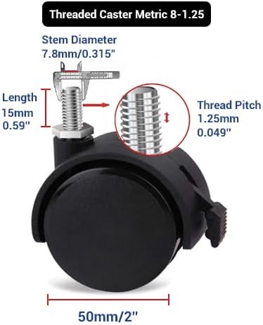 Guildrey Threaded Caster, M8-1.25 Swivel Stem for Replacement, Set of 4, Twin Caster Wheels with Locking Brake