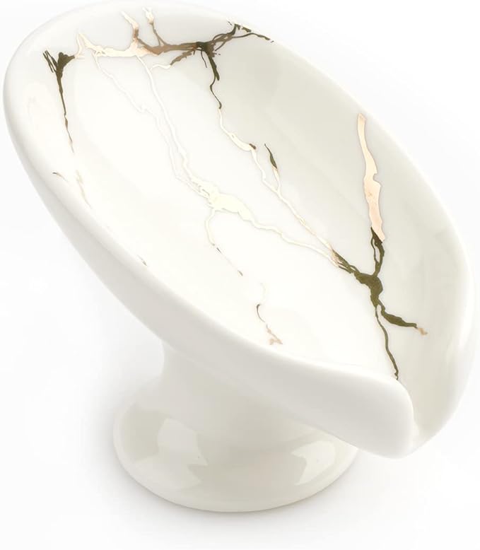 Self-Draining Soap Dish White Ceramic with Marble Brush Gold Soap Holder Waterfall Soap Dish Soap Savers for Bar Soap, for Bathroom, for Shower, for Bar Counter.