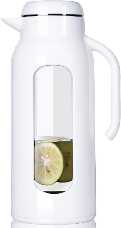 Delove 85oz/2.5 Liter Glass Water Pitcher with Lid and Shatterproof Shell - Iced Tea Pitcher&Carafe - Heat Resistant Glass Jug Water Carafe with Handle for Juice, Cold or Hot Beverages -White